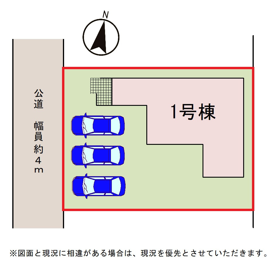 【区画図】駐車場並列3台可能。南庭ではバーベキューや家庭菜園など夢が広がりますね♪