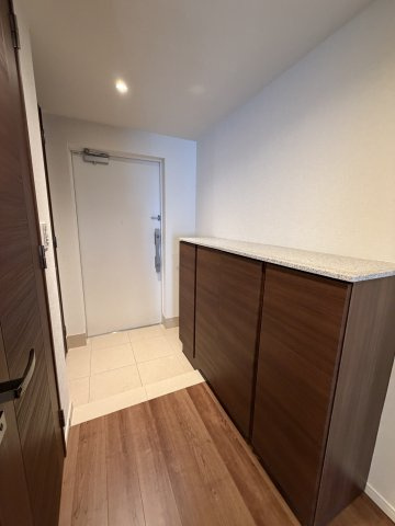 【洗練されたモダンデザイン】深い木目調の建具と明るい床面が美しく調和した、タワーマンションらしい上質な玄関。
