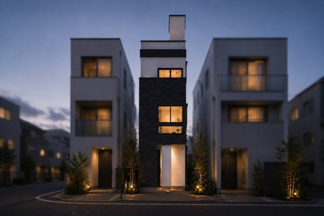 夕庵に美しく映える、スタイリッシュな3階建ての外観デザイン。前面道路は幅員約5.4mの公道となっており、視認性も高くすっきりとした印象です！お仕事帰りのご家族を温かい光が出迎えてくれます♪