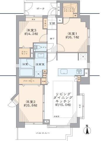 3LDK　専有面積：　73.66m2　バルコニー面積：　7.79m2　独立性を高める専用ポーチ付きです。4方向に窓がある角部屋で通風も良く、豊富な収納や床暖房など、快適に暮らせる魅力的な間取りです。