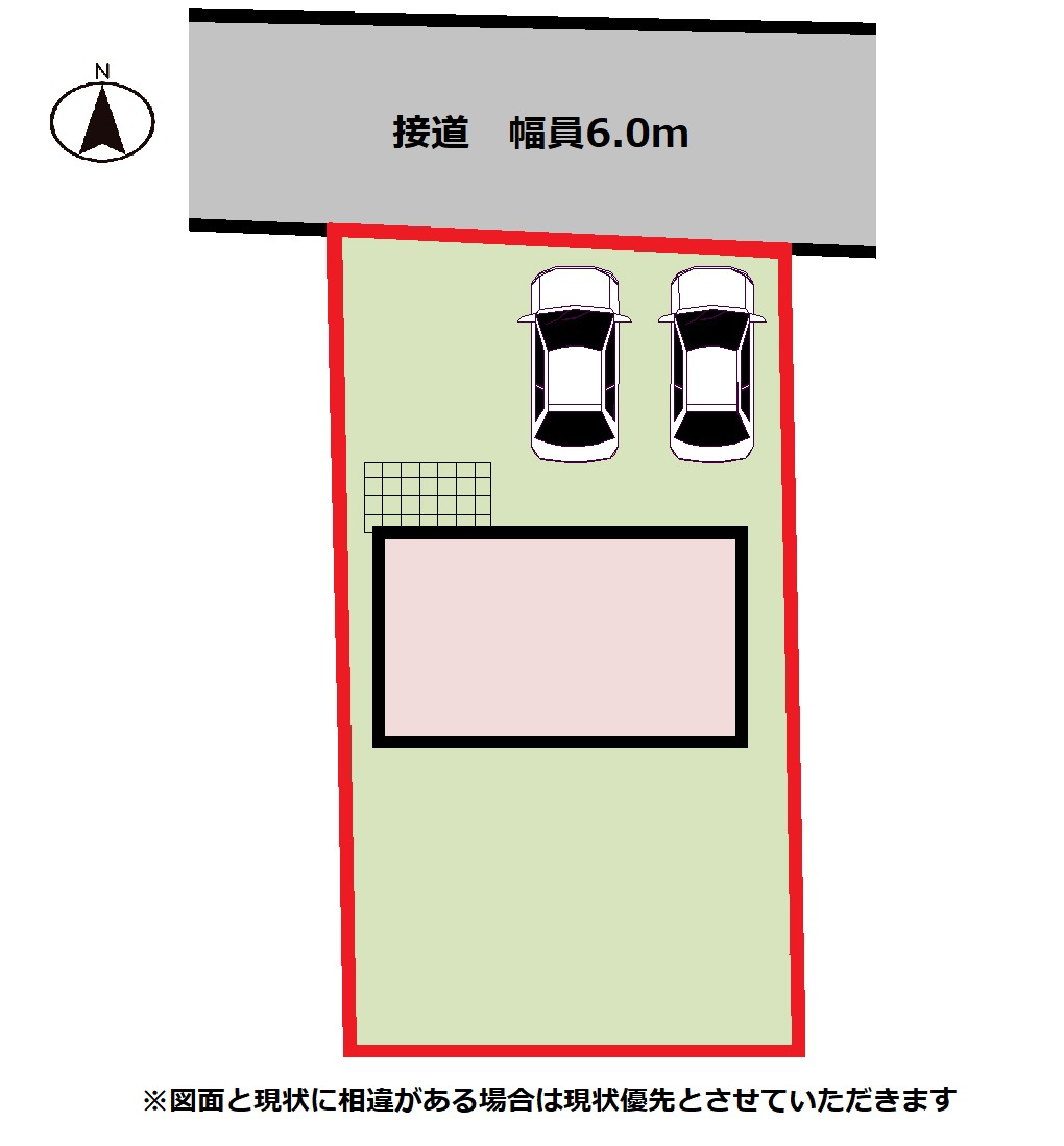 北側道路です。庭やバルコニーが道路に面していないため、通行人の人目が気になりにくく、落ち着いた空間をつくりやすくなります。