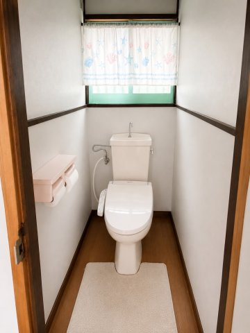 温水洗浄便座付きのトイレは、シンプルで落ち着いた空間。窓があるため自然換気ができ、日中は明るさも確保できます。ゆとりある広さで毎日快適に使える、清潔感のあるトイレスペースです。