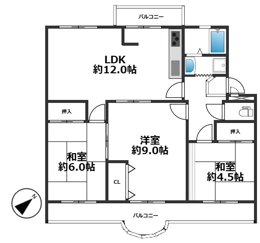 3LDK、専有面積72？、バルコニー面積12.4？