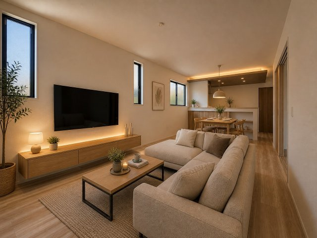 4号棟　※CG加工を施していて実際家具は無く、細かな部分が異なる場合があります。　陽当たり良好のリビングです！過ごす時間が長いからこそ家族との繋がりが感じられる空間！