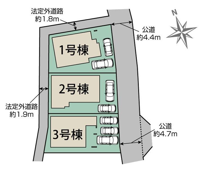※3号棟成約済　2号棟　東側約4.4ｍ～約4.7ｍ公道・西側法外道路　駐車2台（車種によります）　敷地面積37.4坪