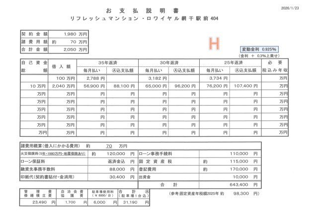 【お支払い説明書（例）】必要な諸費用全て含めて計算しております。ご入居後に余分な出費はございません】