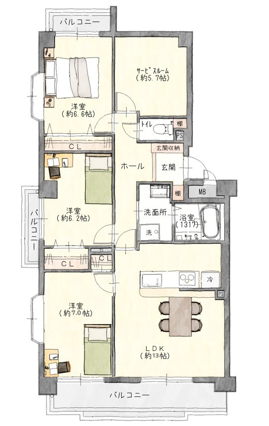 4LDKの間取りに変更可能！仕切り壁たて、開き戸設置はサービス工事可能♪（仕様は弊社指定）