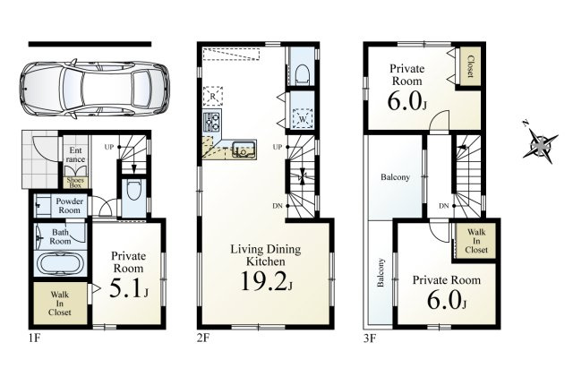 【木造耐火構造　3階建　3LDKプラン】　建物面積90.16？　建物参考価格3600万円　LDK19.2帖　ルーフバルコニー　WIC　ビルトインガレージ付