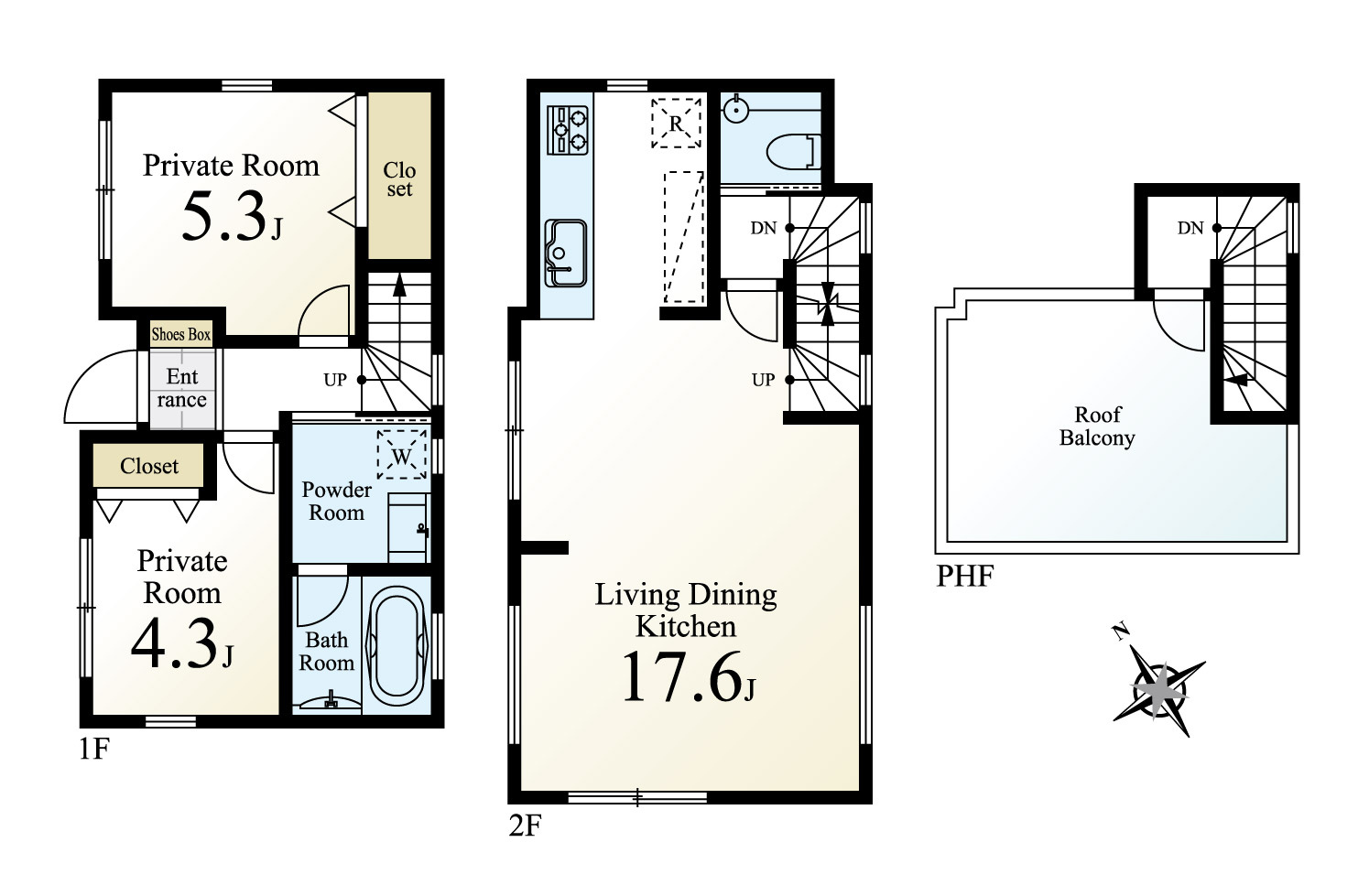 【木造　2階建　2LDKプラン】　建物面積67.23？　建物参考価格2500万円　LDK17.6帖　ルーフバルコニー　カースペース付