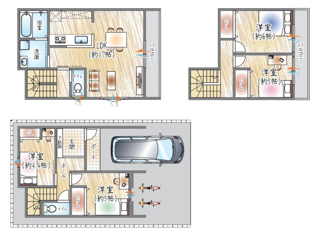 【参考プラン？】(ベストプラン建物価格：2430万円～)　■建物面積：98.53？　■3階建て×4LDK　生活動線が整った、暮らしやすさを考えた設計です。
