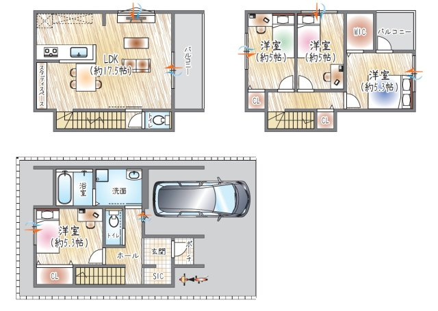 【参考プラン？】(ベストプラン建物価格：2430万円～)　■建物面積：97.50？　■3階建て×4LDK　WIC・SIC付き♪収納豊富でスッキリ整うお家。