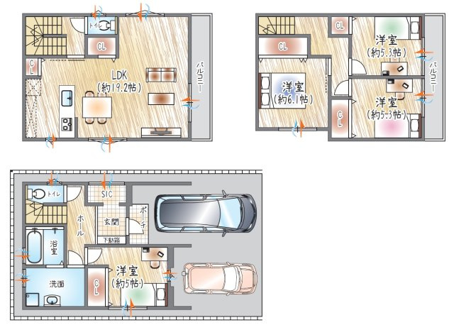 【参考プラン？】(セミオーダー建物価格：2580万円～)　■建物面積：107.87？　■3階建て×4LDK　19帖超のLDK×駐車2台可能◎各居室ゆとりがある設計