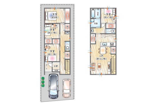 【参考プラン？】(セミオーダー建物価格：2630万円～)　■建物面積：約96.16？　■2階建て×4LDK　駐車2台可能！南東側から明るい陽が差し込む快適なリビングのある住まい