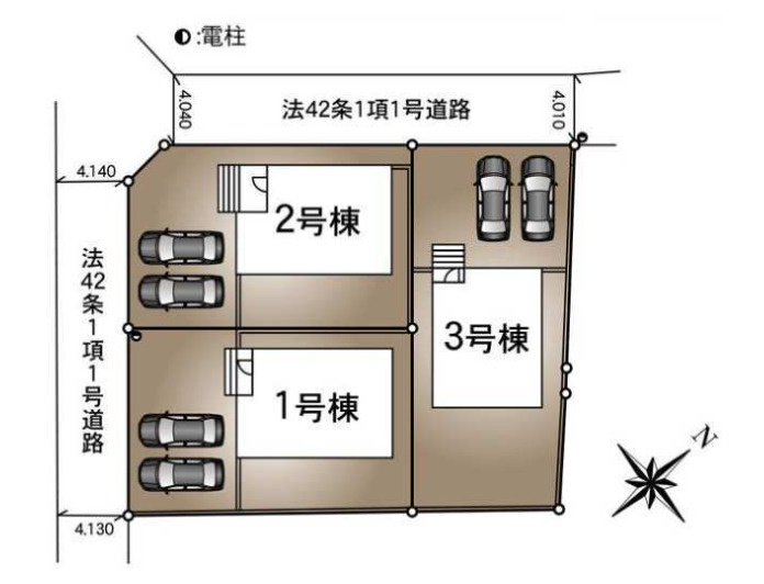 ゆとりある敷地設計。駐車スペースや庭もバランスよく配置されています。