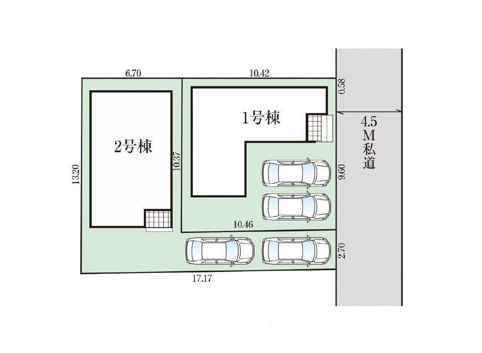 1号棟は並列2台駐車可能。スムーズに出し入れが可能で、それぞれの車を使う時間が異なるご家庭にも便利です。