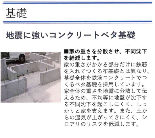 ベタ基礎　・家の底、一面を鉄筋コンクリートの大きな基礎で支えています　・地震にも強い・傾きに強い・湿気に強い構造です　