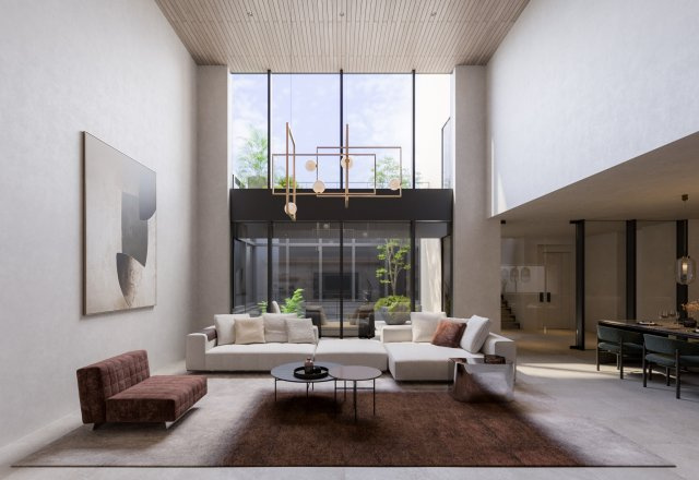 ■建物プラン例（リビング・パース）　建物面積：166.90？[約50.49坪]、　建物価格：4億4、800万円　※別途、外構・付帯工事費等が必要となります　。