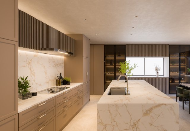 ■建物プラン例（キッチン・パース）　建物面積：166.90？[約50.49坪]、　建物価格：4億4、800万円　※別途、外構・付帯工事費等が必要となります　。