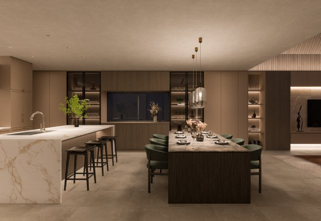 ■建物プラン例（ダイニング＆キッチン・パース）　建物面積：166.90？[約50.49坪]、　建物価格：4億4、800万円　※別途、外構・付帯工事費等が必要となります　。