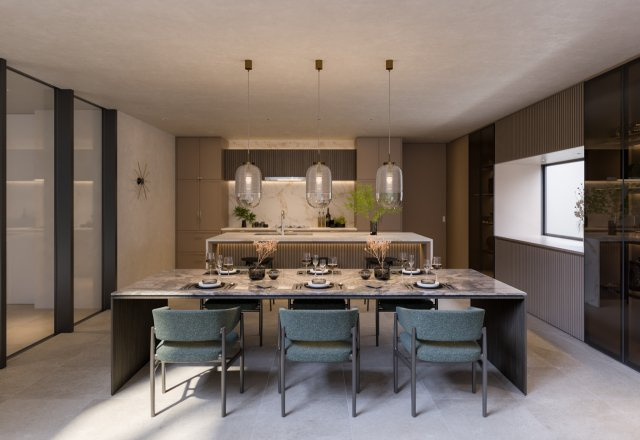 ■建物プラン例（ダイニング＆キッチン・パース）　建物面積：166.90？[約50.49坪]、　建物価格：4億4、800万円　※別途、外構・付帯工事費等が必要となります　。