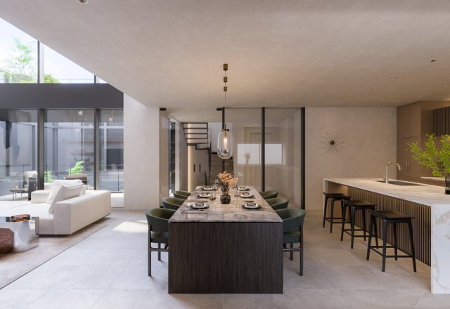 ■建物プラン例（ダイニング・パース）　建物面積：166.90？[約50.49坪]、　建物価格：4億4、800万円　※別途、外構・付帯工事費等が必要となります　。