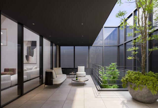 ■建物プラン例（バルコニー・パース）　建物面積：166.90？[約50.49坪]、　建物価格：4億4、800万円　※別途、外構・付帯工事費等が必要となります　。