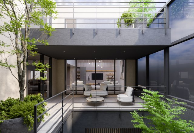 ■建物プラン例（バルコニー・パース）　建物面積：166.90？[約50.49坪]、　建物価格：4億4、800万円　※別途、外構・付帯工事費等が必要となります　。