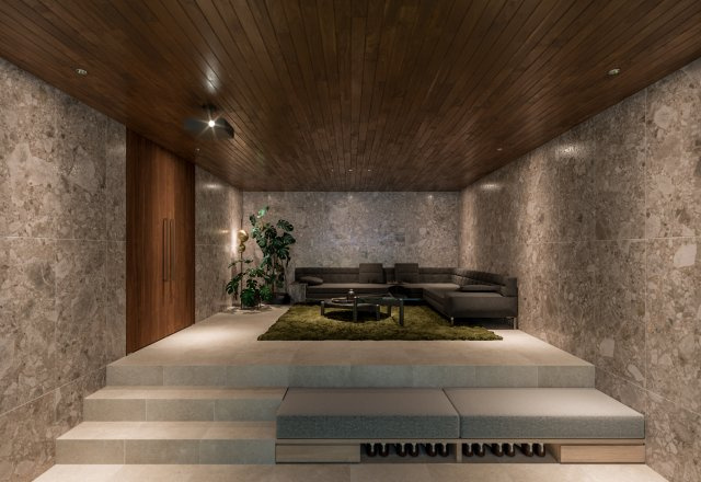 ■建物プラン例（ラウンジ・パース）　建物面積：166.90？[約50.49坪]、　建物価格：4億4、800万円　※別途、外構・付帯工事費等が必要となります　。