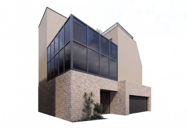 ■建物プラン例（外観・パース）　建物面積：166.90？[約50.49坪]、　建物価格：4億4、800万円　※別途、外構・付帯工事費等が必要となります　。
