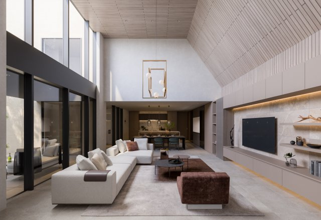 ■建物プラン例（リビング・パース）　建物面積：166.90？[約50.49坪]、　建物価格：4億4、800万円　※別途、外構・付帯工事費等が必要となります　。
