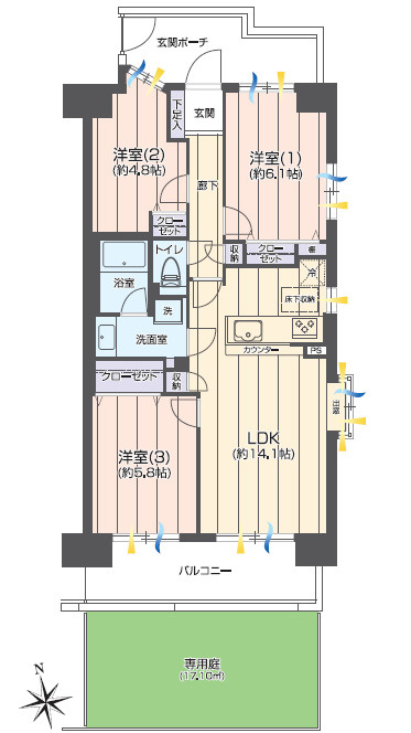 3LDK＋専用庭付きの間取り。　南向きで陽当たりの良い心地よい住空間が広がります。　1階ならではの専用庭では、ガーデニングや家庭菜園など趣味の時間をお楽しみいただけます。