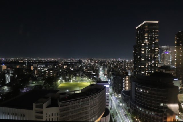 【スカイラウンジからの展望】あみだ池筋と淀川を望む、タワーマンションらしさいっぱいの光景です。