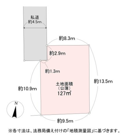 土地図（各寸法は法務局備え付けの「地積測量図」によります。