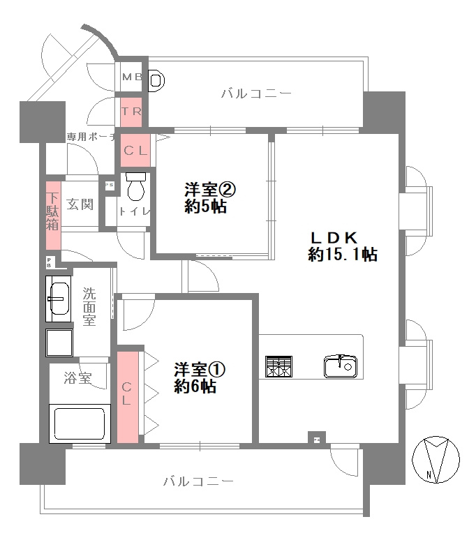 中古マンション　2LDK　専有面積：58.24？（壁芯）　バルコニー面積：20.46？　南向き