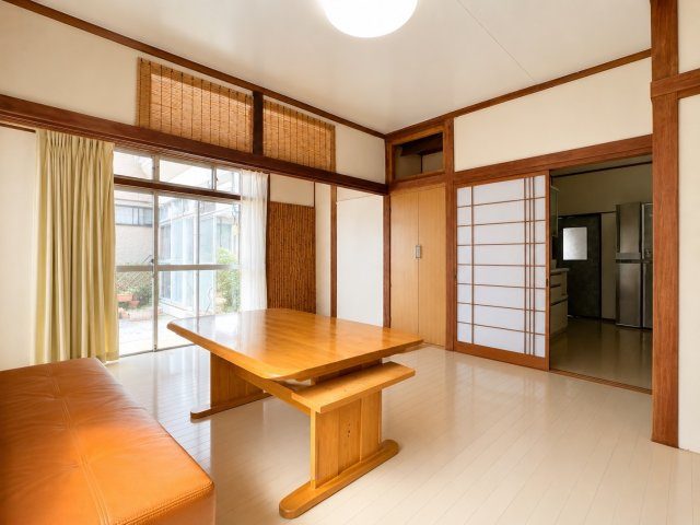 大きな窓から自然光が差し込む、明るく開放感のあるリビング。木の柱や建具が温かみのある雰囲気を演出しています。キッチンへの動線もスムーズで、家族が自然と集まるくつろぎの空間になっております。