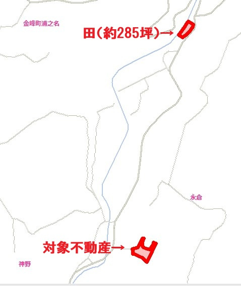 戸建と田んぼの位置関係図（徒歩約13分）