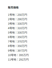 ※既に申し込みが入ってる区画がございました場合は、何卒ご容赦くださいませ。詳細お問合せくださいませ。※1、2、4号地は上水道引込工事が必要になります。