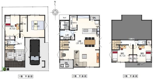 LDK31.2帖+主寝室11.2帖+SIC+WIC+車庫4LDKプラン(建物面積158.05平米、建物価格5800万円)