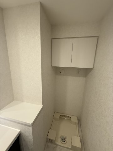 洗濯パンはかさ上げができるタイプ。洗濯機上に収納も完備！　※同タイプ