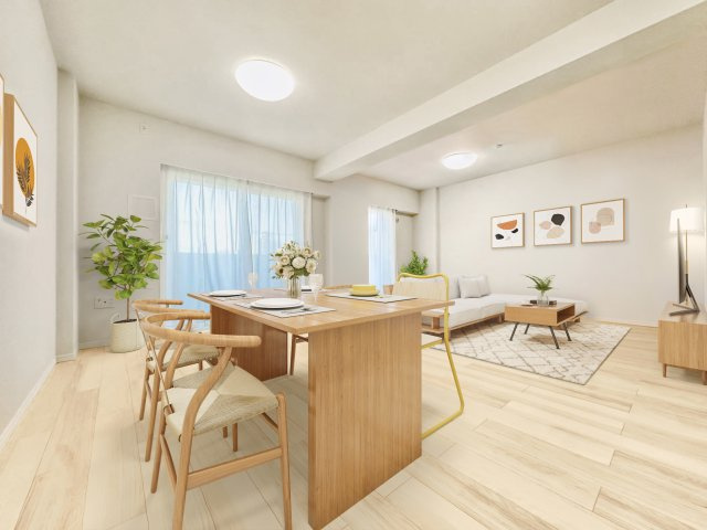 和室を統合することで生まれる、陽光に満ちた開放的な大空間LDK。　ゆったりとソファを置いて家族みんなで寛いだり、お子様がのびのび遊ぶ姿を優しく見守れます。　（家具配置・和室の撤去はCGイメージです）