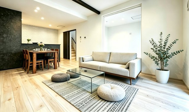 家族が集まるリビングは南側に面した窓から自然光が差し込み明るい空間です。シンプルながらも化粧梁やアクセントクロスがメリハリある印象を生み出します。※家具や装飾はイメージです
