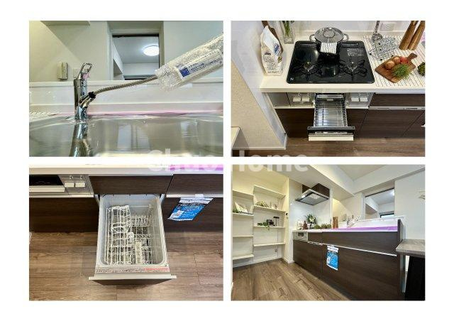 【システムキッチン】ワイドで収納豊富な使い勝手の良いカウンターキッチンには、食洗器・伸縮タイプのキッチン水栓、三ツ口コンロ・魚焼きグリルなどの便利な設備が標準完備されています。