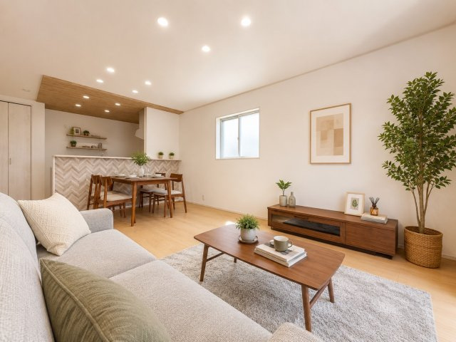 【1号棟　リビング】アクセントパネルや折下げ天井が印象的なオシャレなリビングに仕上げました。（※生成AIによる合成。購入時、家具は付きません。）