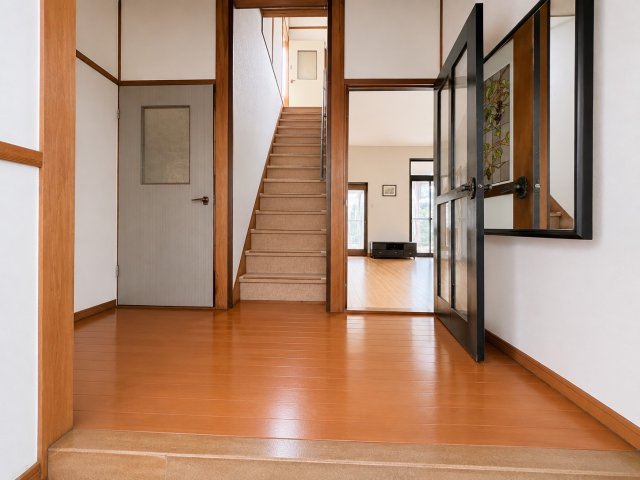 ゆとりを感じられる広々とした玄関ホール。正面には2階へ続く階段があり、各居室への動線も分かりやすい間取りです。木の温もりを感じる内装と明るい床が、落ち着いた住空間を演出します。