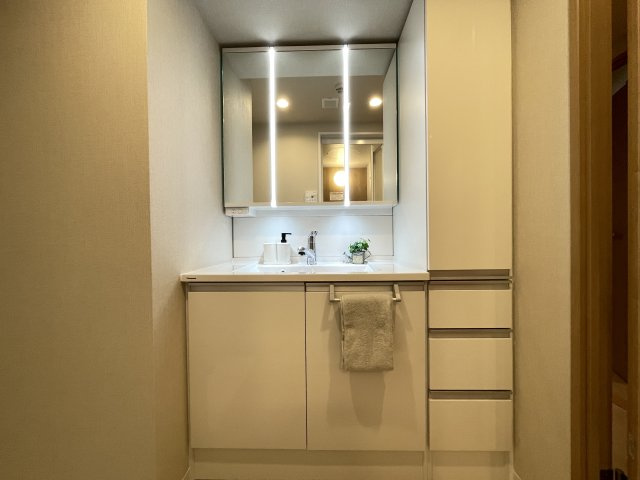 三面鏡付きの洗面台で朝の身支度もバッチリです。　