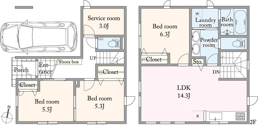 ■建物プラン例（間取図）建物面積：99.16m2（29.99坪）、建物価格：4730万円　※別途、外構工事費・付帯工事費・諸費用等が必要となります　※当該プランの採用および変更は自由に可能です