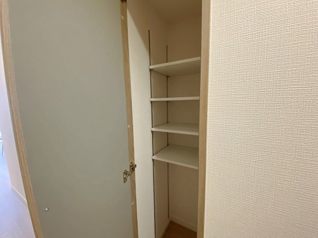 廊下部分に配置された便利な物入スペース。掃除道具や日用品の予備、季節物の小物類などをすっきりと収納可能。お部屋の生活感を抑え、常に整然とした綺麗で快適な住環境を保つことができます。