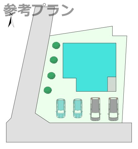 こちらは建物プラン例：参考イメージ図です。　区画内の建物・駐車場・庭の配置の一例です。