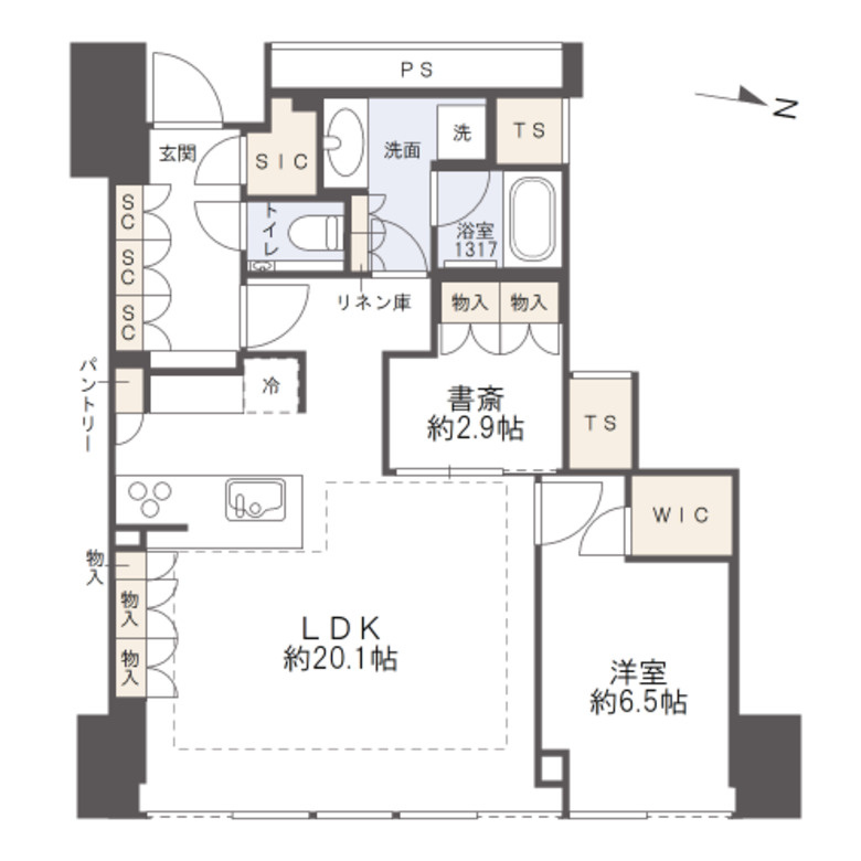 【間取り】18階東向き／LD天井高2.7mで開放的！