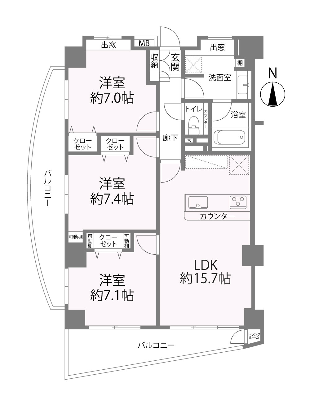 3LDK、専有面積80.3m2、バルコニー面積21.6m2　間取り図